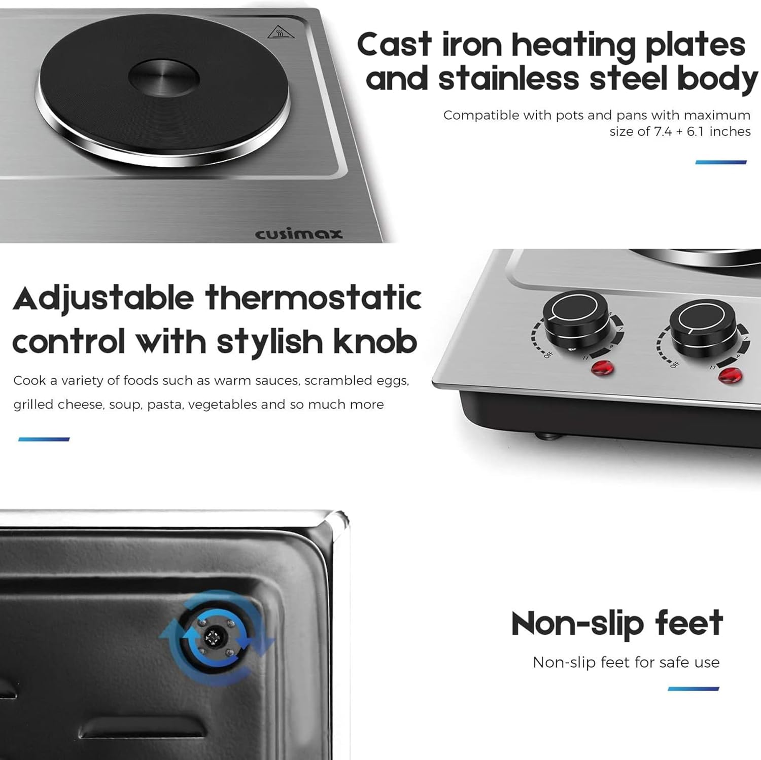 CUSIMAX 1800W Ceramic Electric Hot Plate for Cooking, Dual Control Infrared Cooktop, Double Burner, Portable Countertop Burner, Glass Plate Electric Cooktop, Silver, Stainless Steel-Upgraded Version