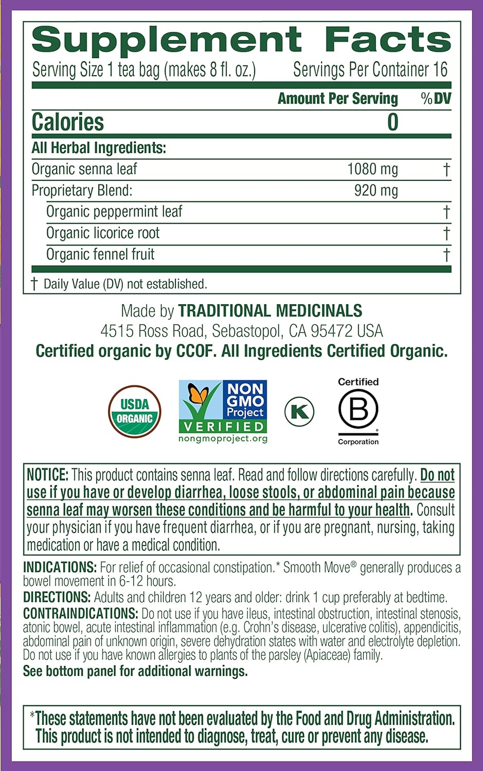 Traditional Medicinals Smooth Move, Helps Relieve Constipation Overnight, 16 Teabags