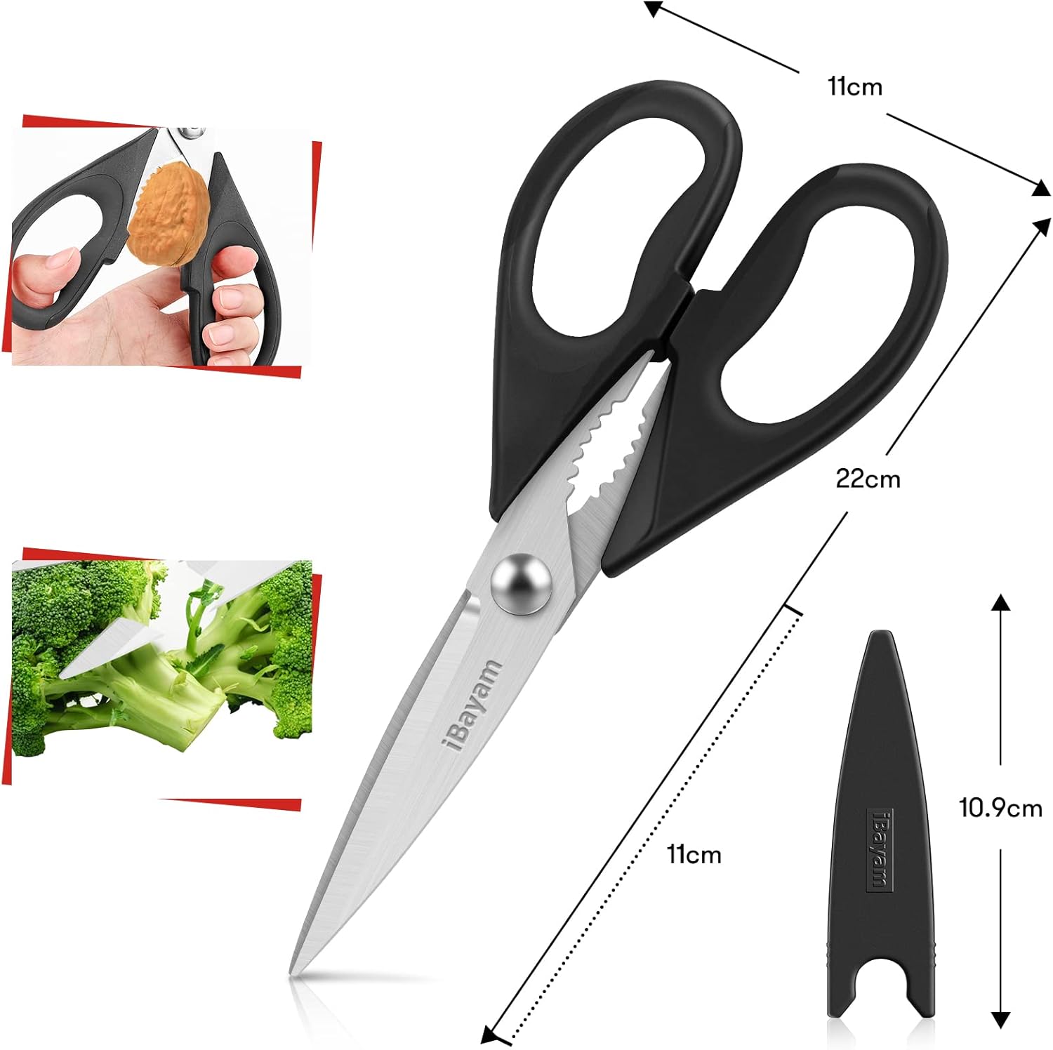 iBayam Kitchen Scissors All Purpose Heavy Duty Meat Poultry Shears, Dishwasher Safe Food Cooking Scissors Stainless Steel Utility Scissors, 2-Pack (Black Red, Black Gray)