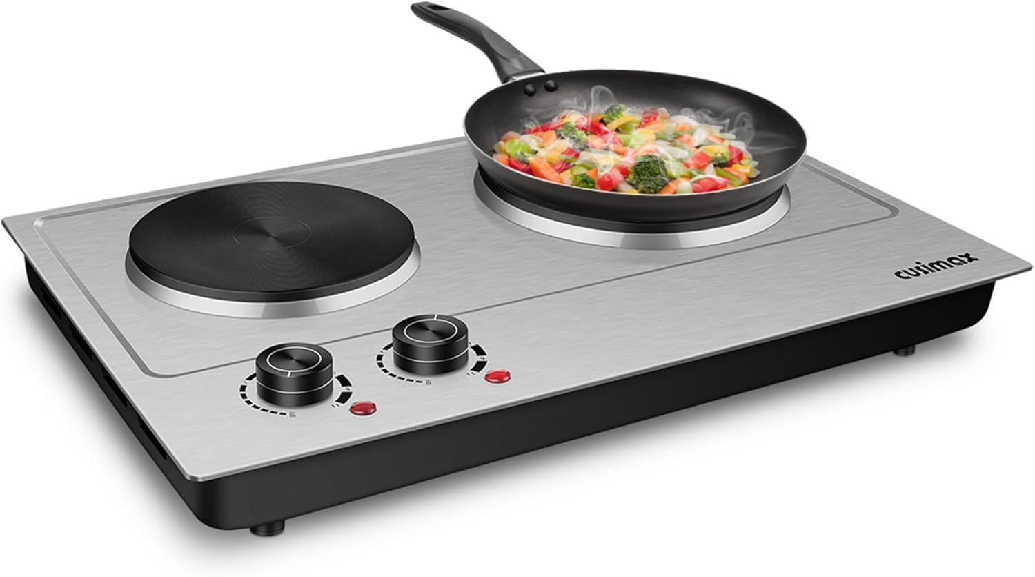 CUSIMAX 1800W Ceramic Electric Hot Plate for Cooking, Dual Control Infrared Cooktop, Double Burner, Portable Countertop Burner, Glass Plate Electric Cooktop, Silver, Stainless Steel-Upgraded Version