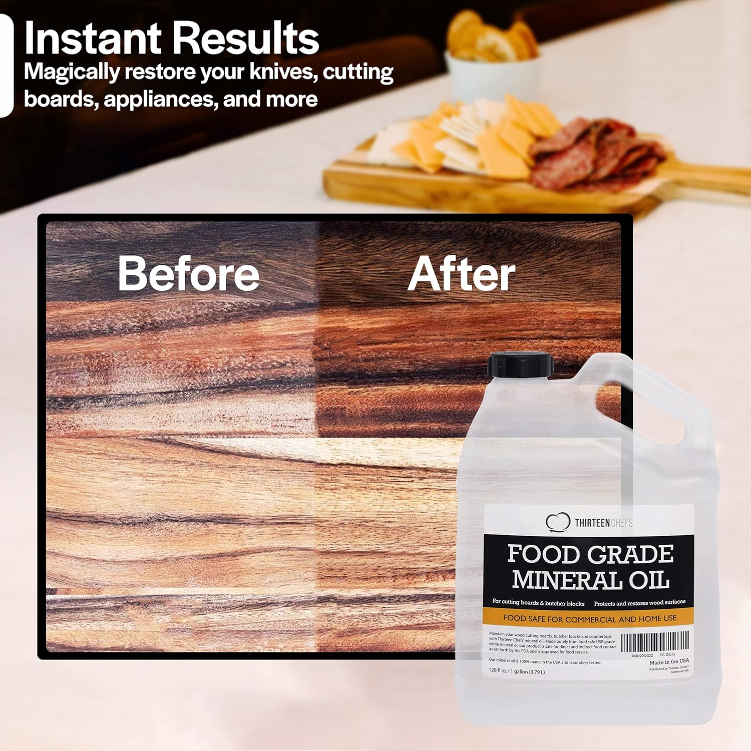 Thirteen Chefs Mineral Oil - 8 oz Food Grade Conditioner for Wood Cutting Board, Countertop & Butcher Block, Lubricant for Knife or Meat Grinder - Safe USP Finish on Marble, Soapstone