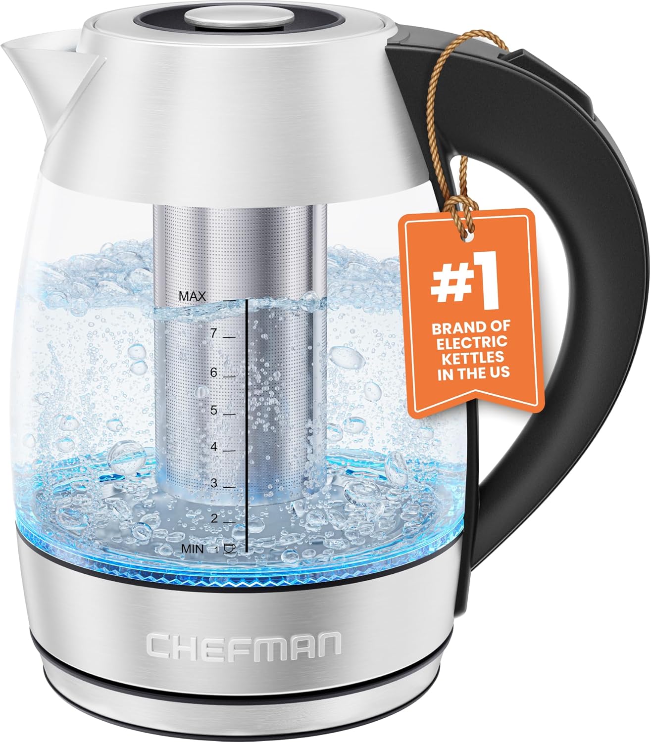 Chefman Electric Kettle with Temperature Control, 5 Presets LED Indicator Lights, Removable Tea Infuser, Glass Tea Kettle & Hot Water Boiler, 360° Swivel Base, BPA Free, Stainless Steel, 1.8 Liters