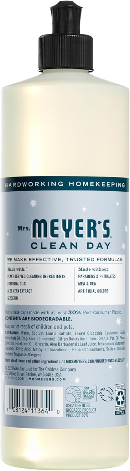 MRS. MEYER'S CLEAN DAY Liquid Dish Soap, Biodegradable Formula, Basil, 16 fl. oz - Pack of 3