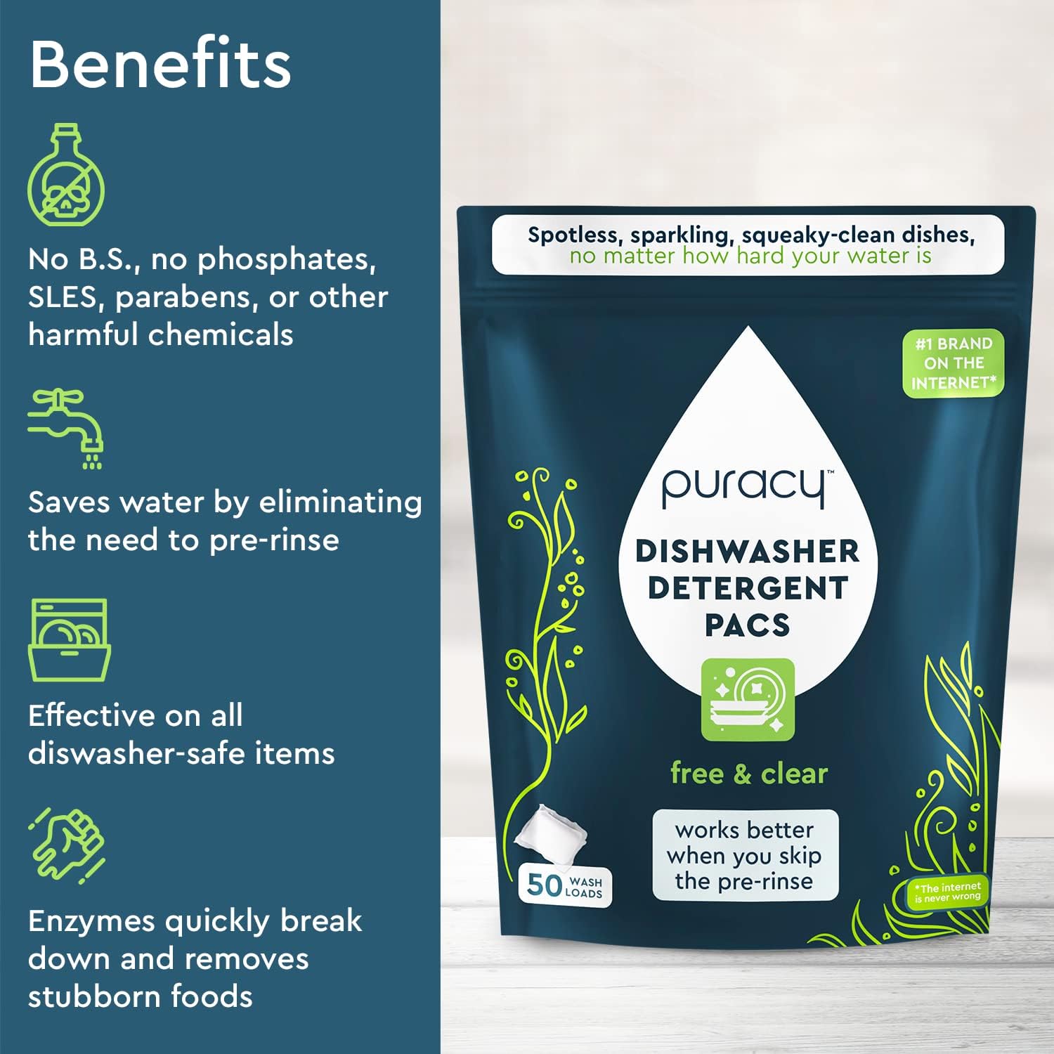 Puracy Dishwasher Pods 50 Count, Natural Dishwasher Detergent, Free & Clear Dish Tabs, Tiktok Trend Items, Enzyme-Powered, Spot & Residue-Free, Must Haves from Tiktok Made Me Buy It