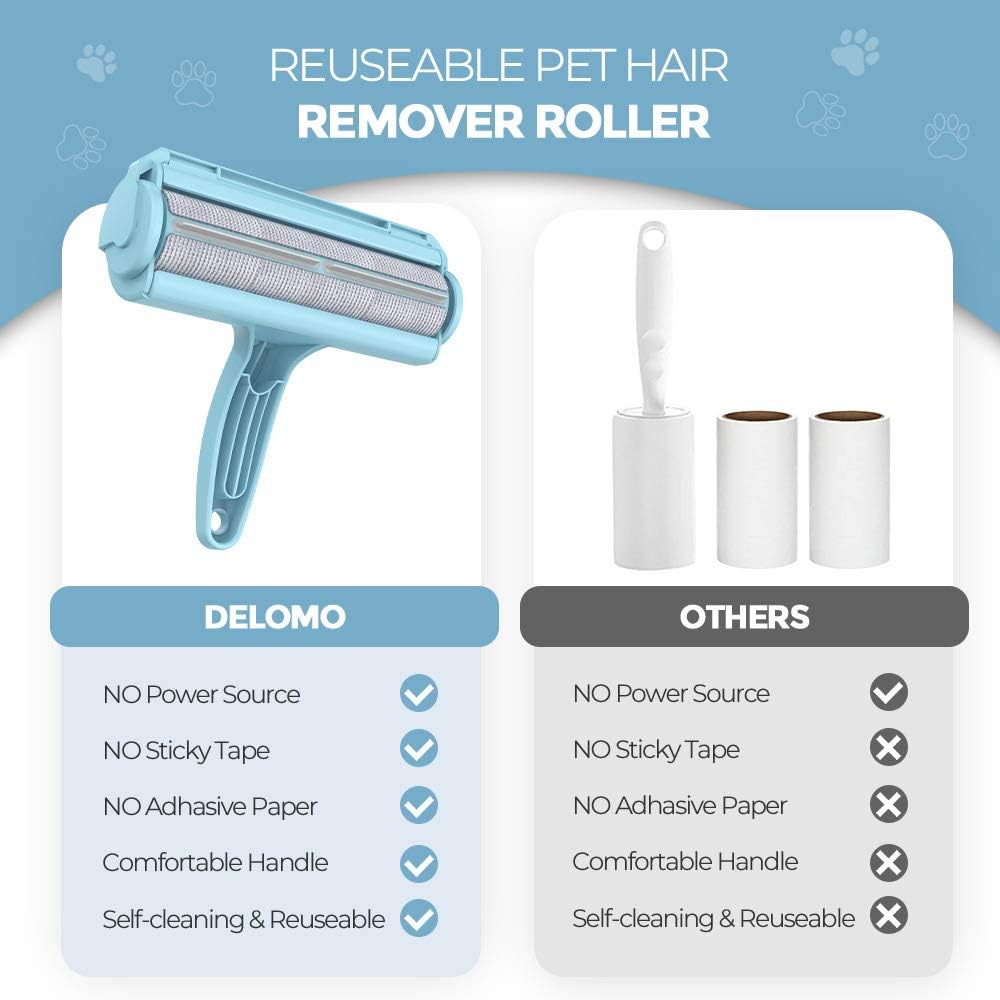 DELOMO Pet Hair Remover - Lint Roller for Pet Hair - Cat and Dog Hair Remover for Couch, Furniture, Carpet, Car Seat, Reusable Roller W/Self-Cleaning Base - Upgraded Animal Fur Removal Tool