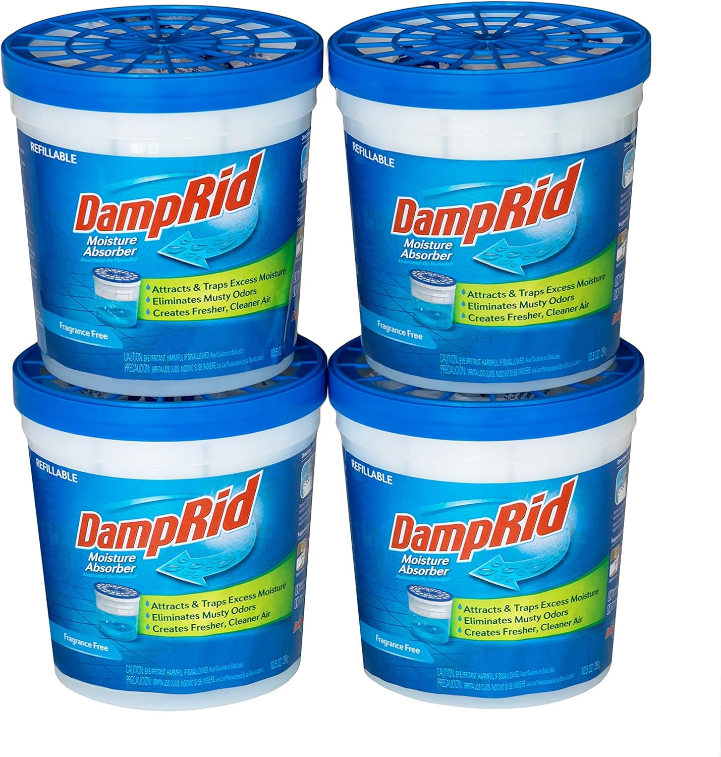 DampRid Refillable Moisture Absorber, 10.5 oz. Cups, 4 Pack, Fragrance Free, Traps Moisture for Fresher, Cleaner Air, No Electricity Required, Lasts Up To 60 Days