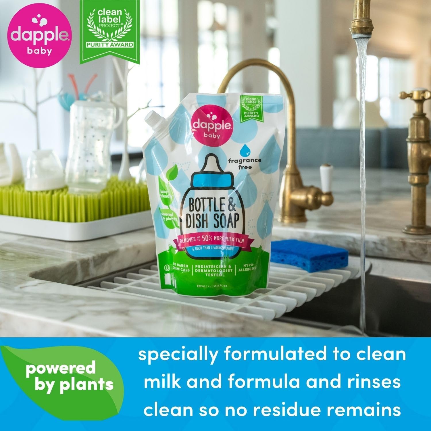 Dapple Baby Bottle Soap, Hypoallergenic Dish Soap for Baby Bottles, Powered by Plants, 1 Pump Included, Packaging May Vary, Fragrance Free, 16.9 Fl Oz (Pack of 3)
