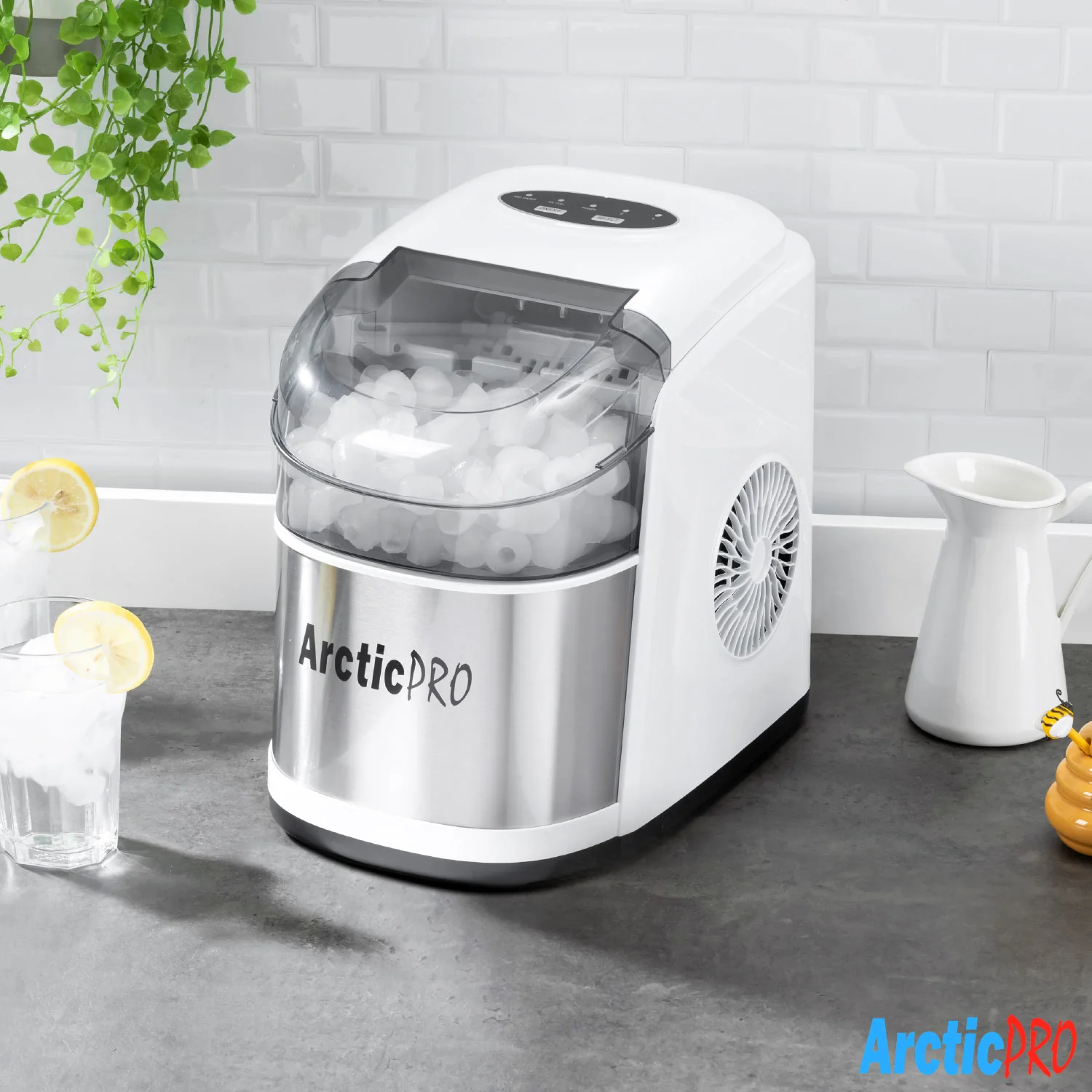 Arctic-Pro Easy Clean Flip-Top Lid Portable Ice Maker, White-Stainless Steel