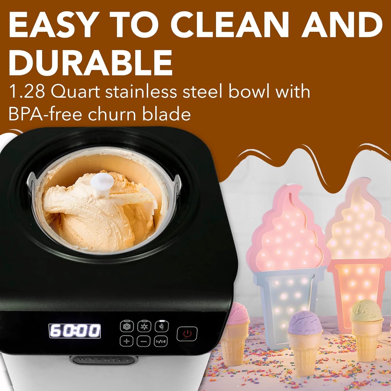 Whynter Ice Cream Maker Machine Automatic 2.1 Qt. upright with Built-in Compressor, LCD Digital Display & Timer, No Pre-Freezing, ICM-201SB, Stainless Steel