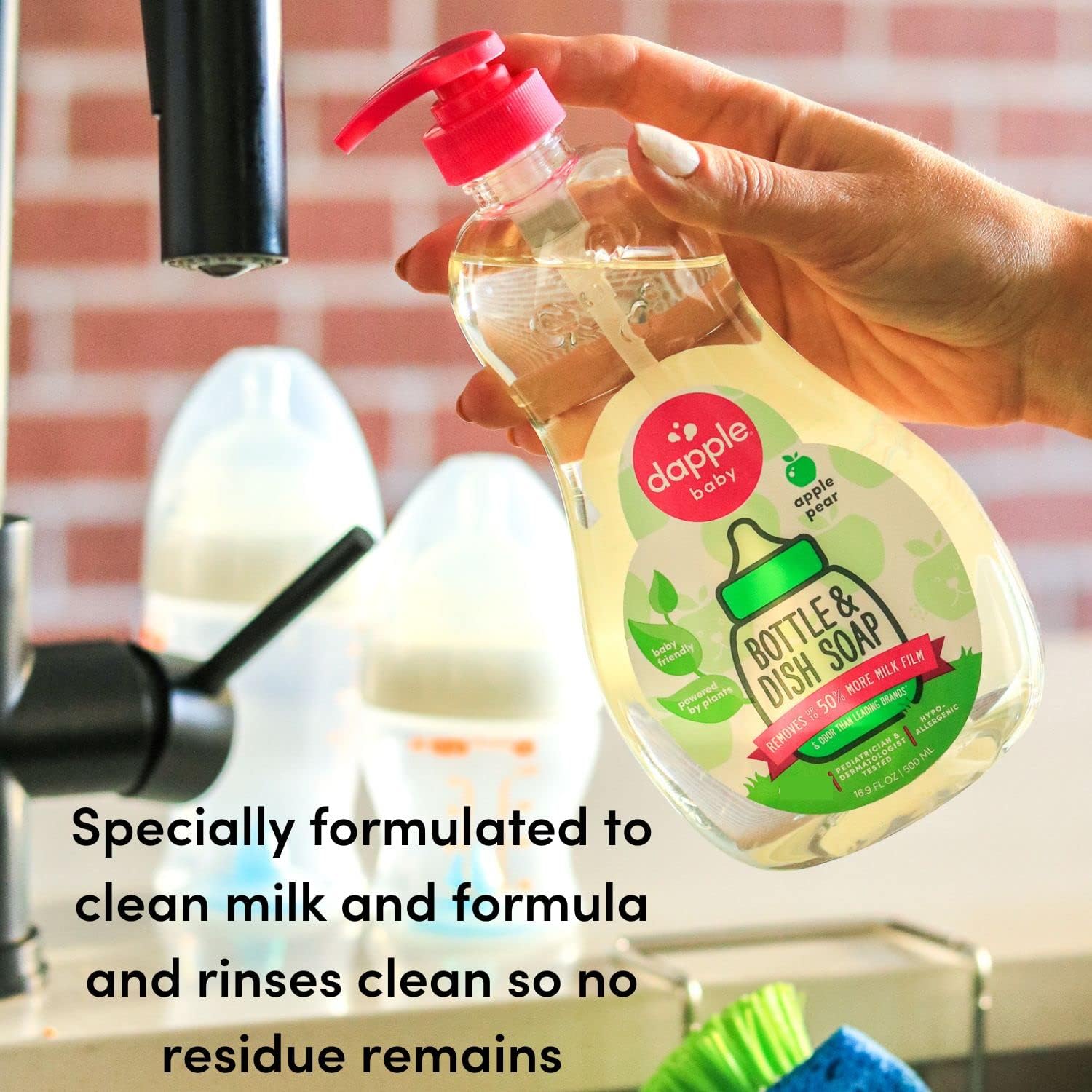 Dapple Baby Bottle Soap, Hypoallergenic Dish Soap for Baby Bottles, Powered by Plants, 1 Pump Included, Packaging May Vary, Fragrance Free, 16.9 Fl Oz (Pack of 3)