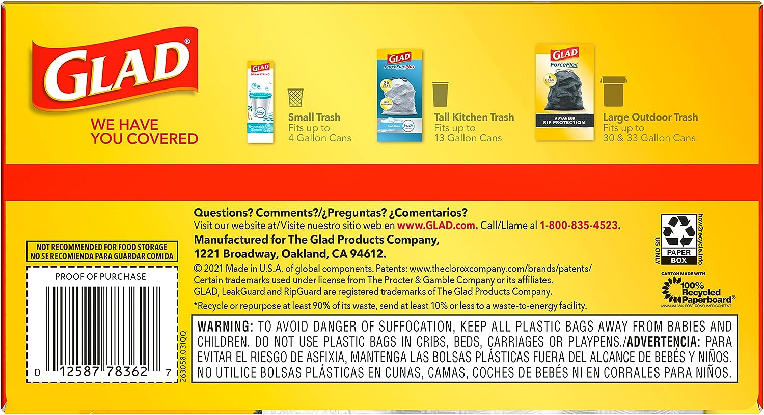 GLAD ForceFlex Tall Drawstring Trash Bags, 13 Gallon White Trash Bags for Tall Kitchen Trash Can, Unscented Leak Protection Bags, 120 Count - Packaging May Vary