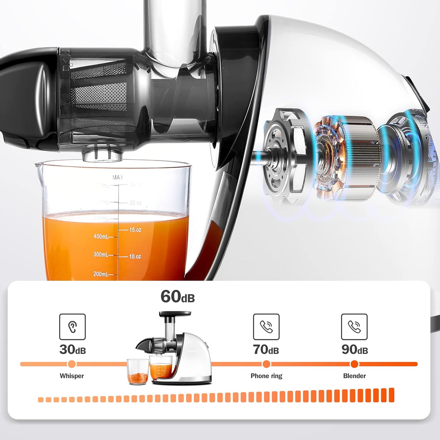 Masticating Juicer Machines, AMZCHEF Slow Cold Press Juicer with Reverse Function, High Juice Yield, Easy Clean with Brush,Recipes for High Nutrient Fruits and Vegetables, Gray(Updated)