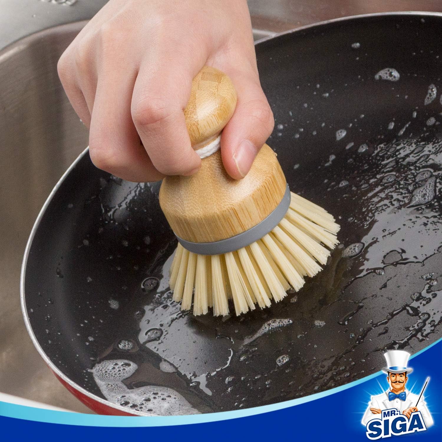 MR.SIGA Dish Brush with Bamboo Handle Built-in Scraper, Scrub Brush for Pans, Pots, Kitchen Sink Cleaning, Pack of 2