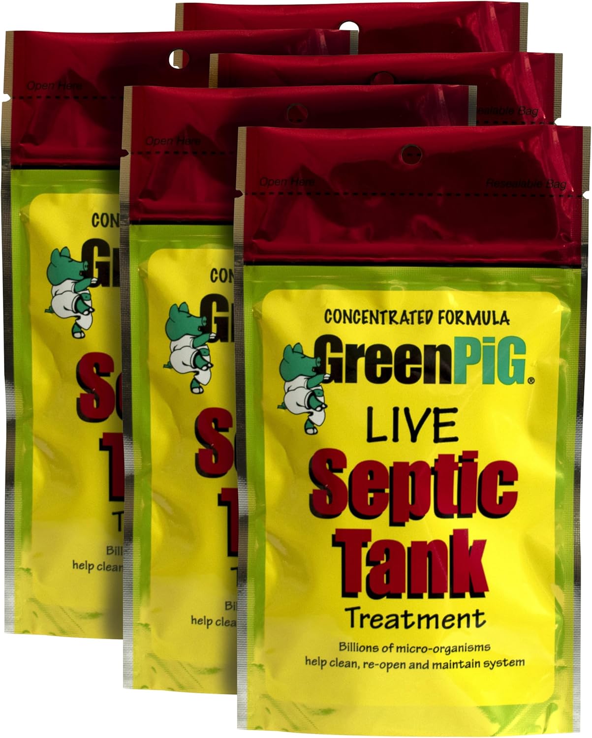 Green Pig 52 Live Septic Tank Treatment Ultimate Solution in Preventing Expensive Backups, Clogs, or Drain Field Failures with 4-Easy Drop-in and Flush, 1-Year Supply- 4 Packets, 4 Count