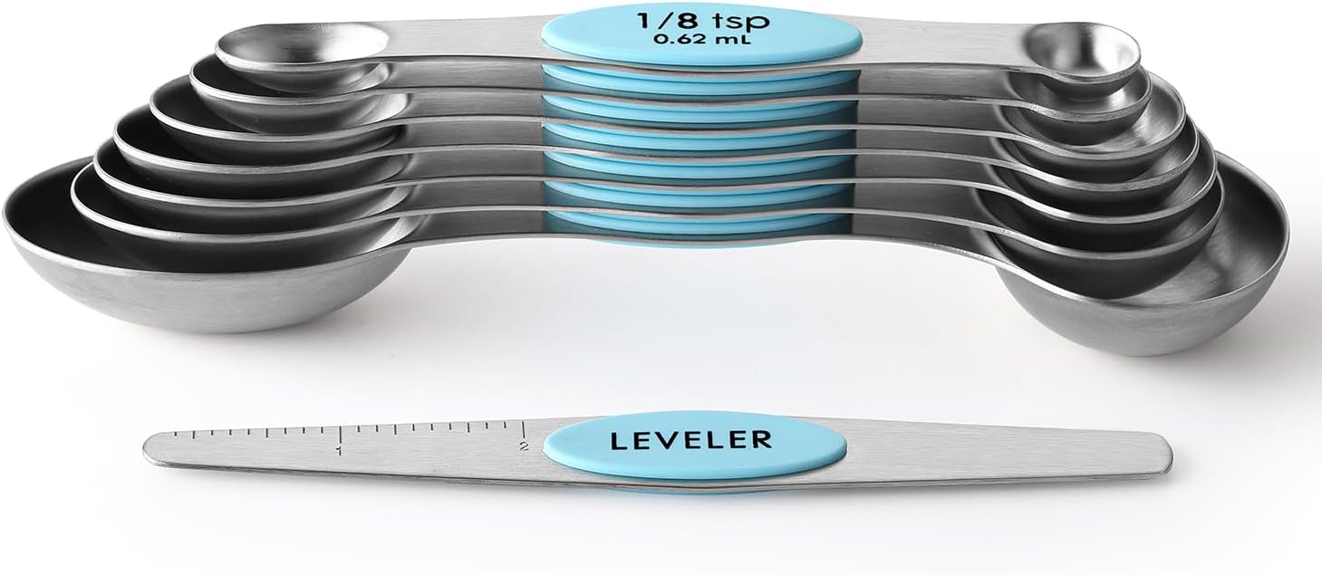 Spring Chef Magnetic Measuring Spoons Set with Strong N45 Magnets, Heavy Duty Stainless Steel Metal, Fits in Most Kitchen Spice Jars for Baking & Cooking, BPA Free, Black, Set of 8 with Leveler
