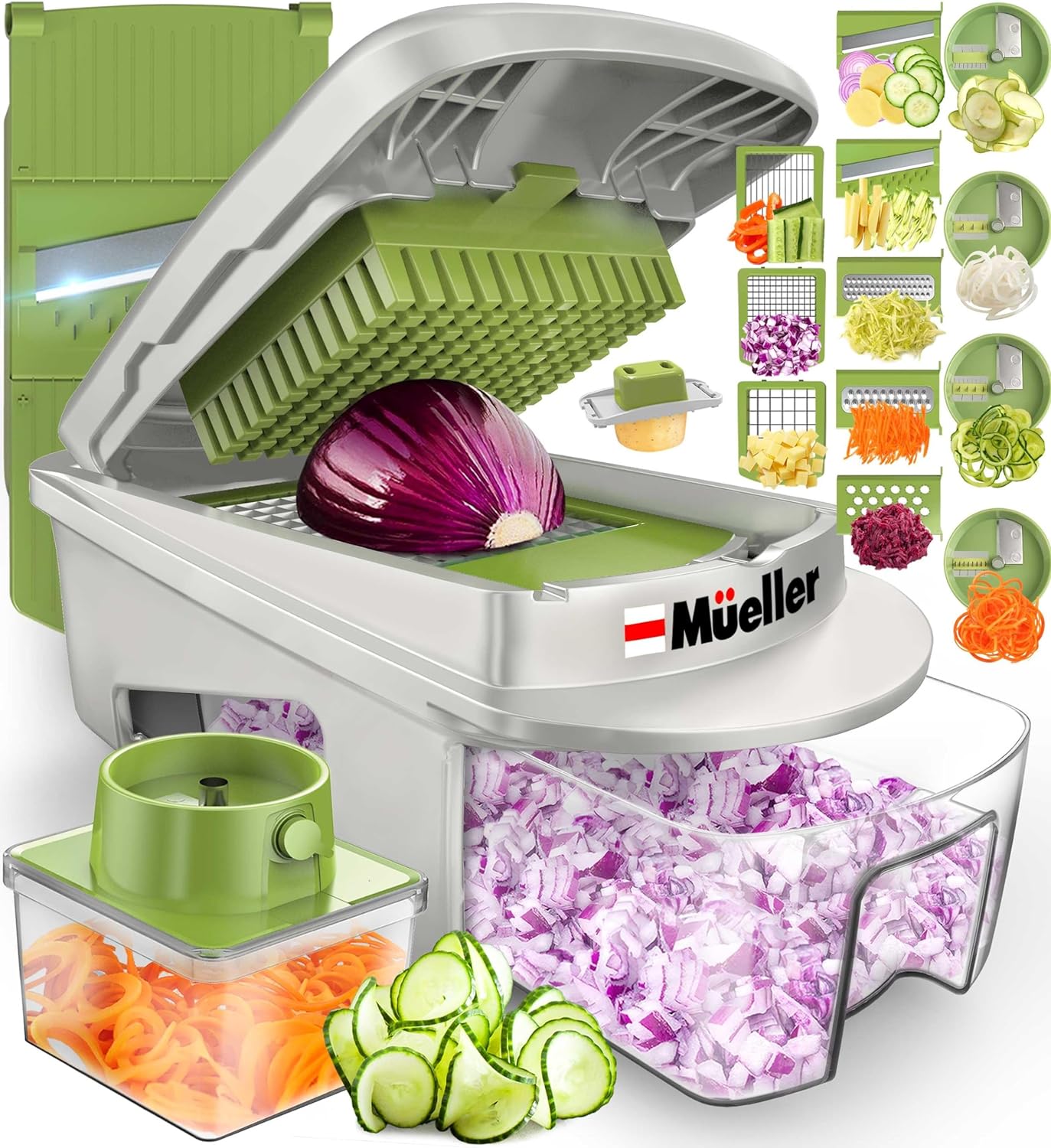 Mueller Pro-Series 10-in-1, 8 Blade Vegetable Chopper, Onion Mincer, Cutter, Dicer, Egg Slicer with Container, French Fry Cutter, Potato Slicer, Home Essentials & Kitchen Gadgets, Salad Chopper
