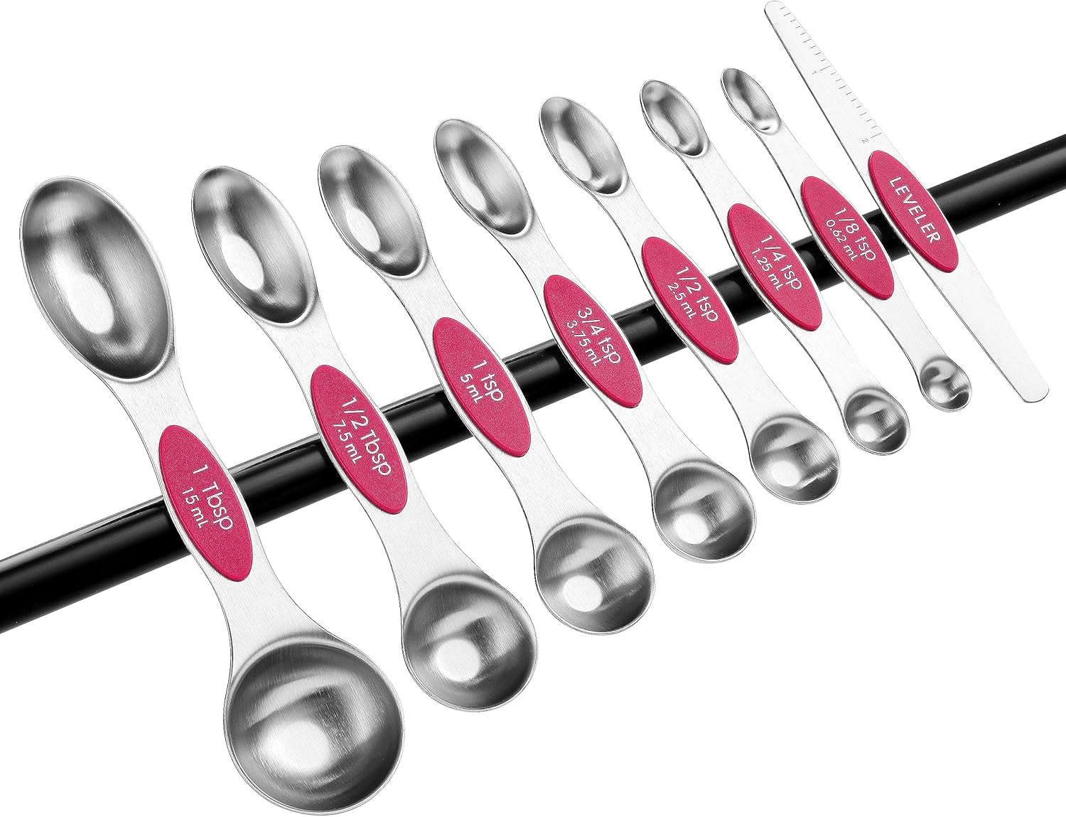 Spring Chef Magnetic Measuring Spoons Set with Strong N45 Magnets, Heavy Duty Stainless Steel Metal, Fits in Most Kitchen Spice Jars for Baking & Cooking, BPA Free, Black, Set of 8 with Leveler