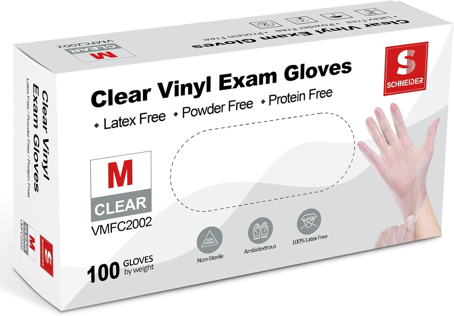 Schneider Clear Vinyl Exam Gloves, Latex-Free, Disposable Medical Gloves, Cleaning Gloves, Food Safe, Powder-Free, 4 mil