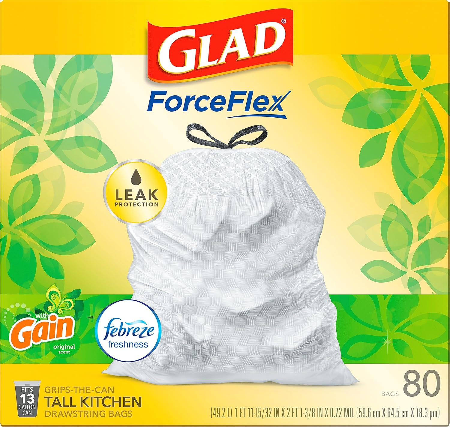 Glad ForceFlex Tall Kitchen Trash Bags, 13 Gal, Gain Original with Febreze, 110 Ct (Pack May Vary)