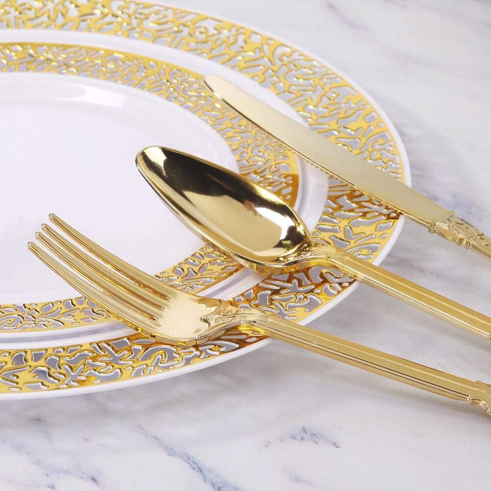 WDF300 Pieces Gold Plastic Silverware - Heavy Duty Disposable Gold Cutlery Set Plastic Gold Silverware Set Plastic Includes 100 Forks, 100 Spoons, 100 Knives