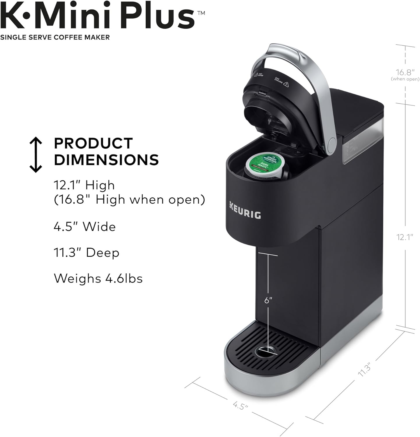 Keurig K-Mini Plus Single Serve K-Cup Pod Coffee Maker, with 6 to 12oz Brew Size, Stores up to 9 K-Cup Pods, Travel Mug Friendly, Matte Black