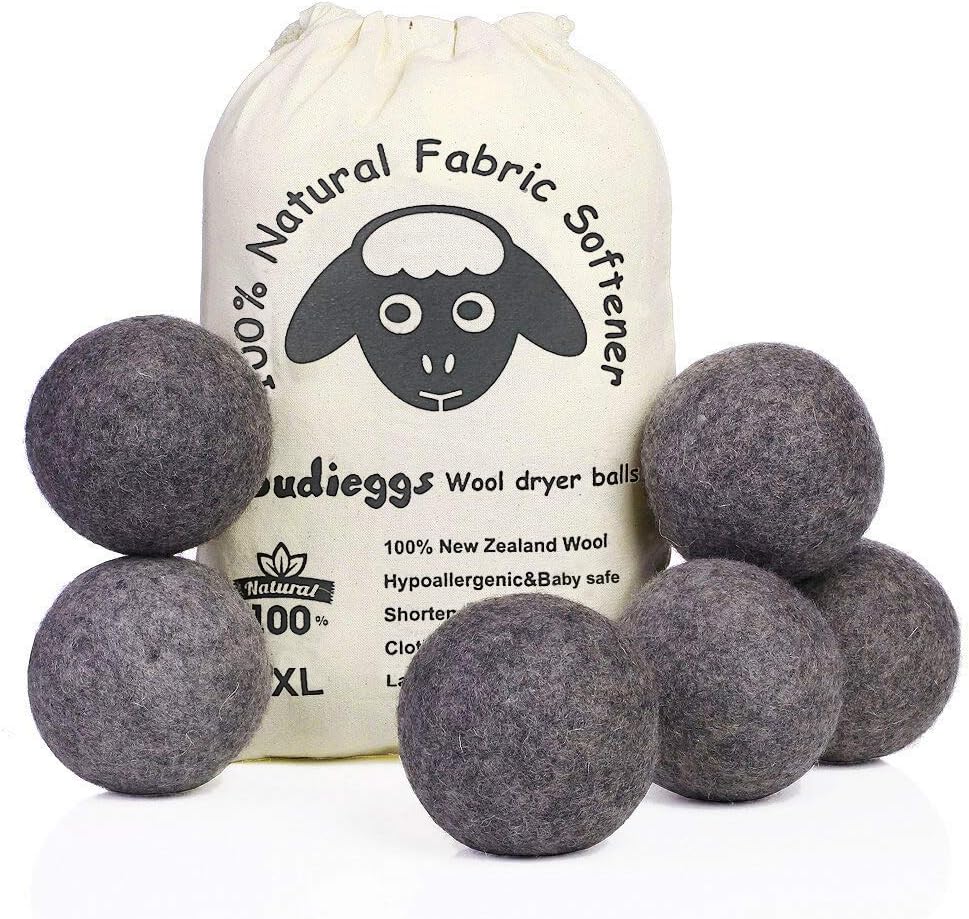 Wool Dryer Balls Organic XL 6-Pack, 100% New Zealand Chemical Free Fabric Softener for 1000+ Loads, Baby Safe & Hypoallergenic, Reduce Wrinkles & Shorten Drying Time Naturally