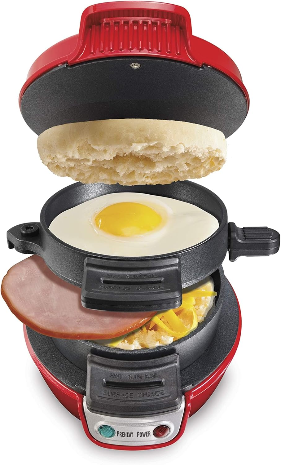 Hamilton Beach Breakfast Sandwich Maker with Egg Cooker Ring, Customize Ingredients, English Muffins, Croissants, Mini Waffles, Perfect White Elephant Gifts, Single, Black