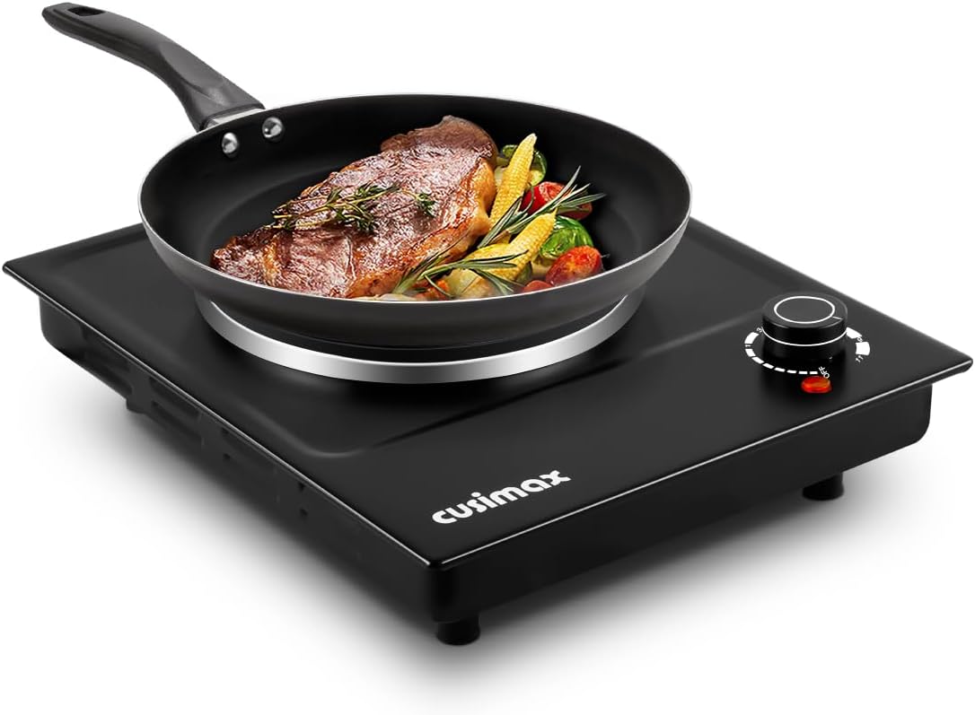 CUSIMAX 1800W Ceramic Electric Hot Plate for Cooking, Dual Control Infrared Cooktop, Double Burner, Portable Countertop Burner, Glass Plate Electric Cooktop, Silver, Stainless Steel-Upgraded Version