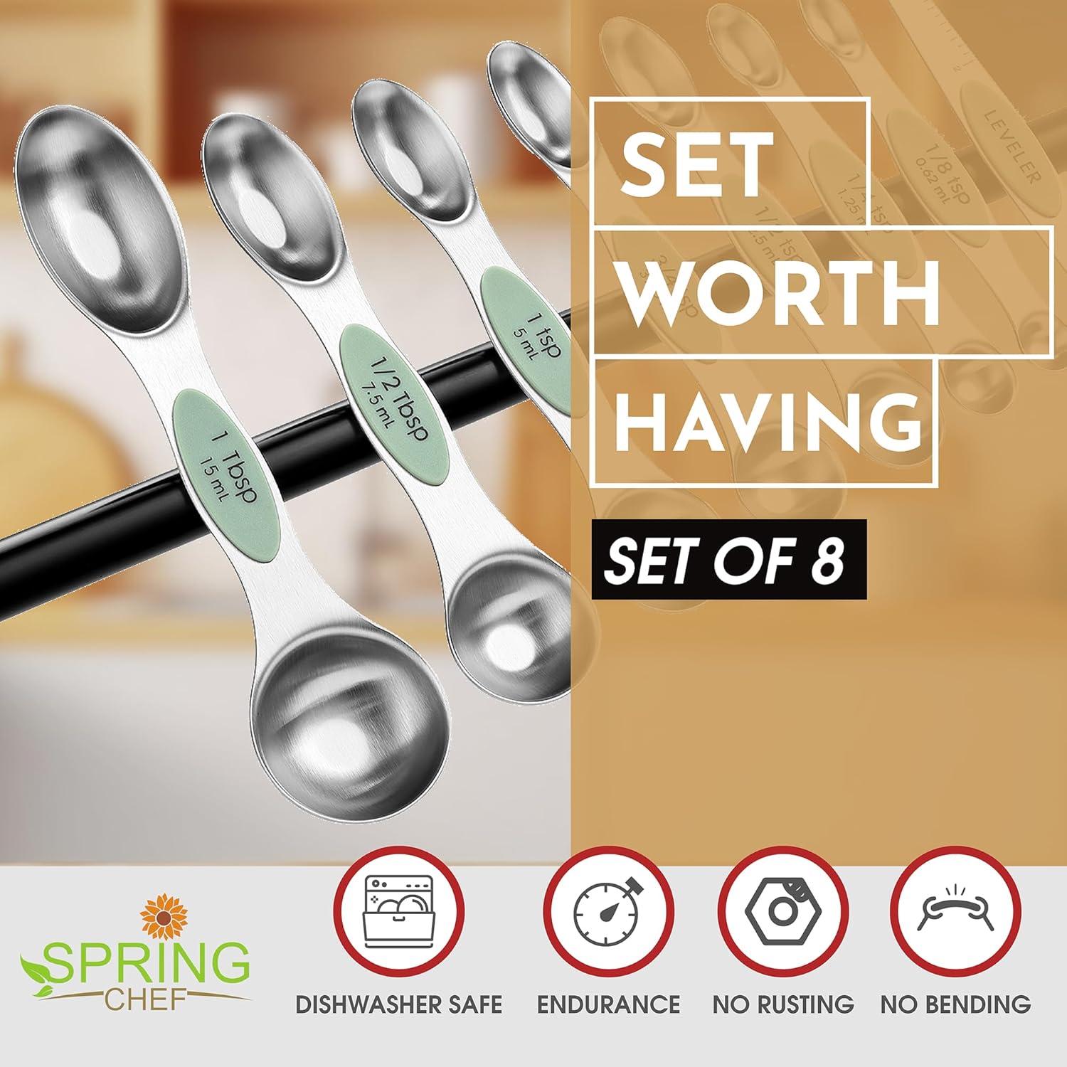 Spring Chef Magnetic Measuring Spoons Set with Strong N45 Magnets, Heavy Duty Stainless Steel Metal, Fits in Most Kitchen Spice Jars for Baking & Cooking, BPA Free, Black, Set of 8 with Leveler