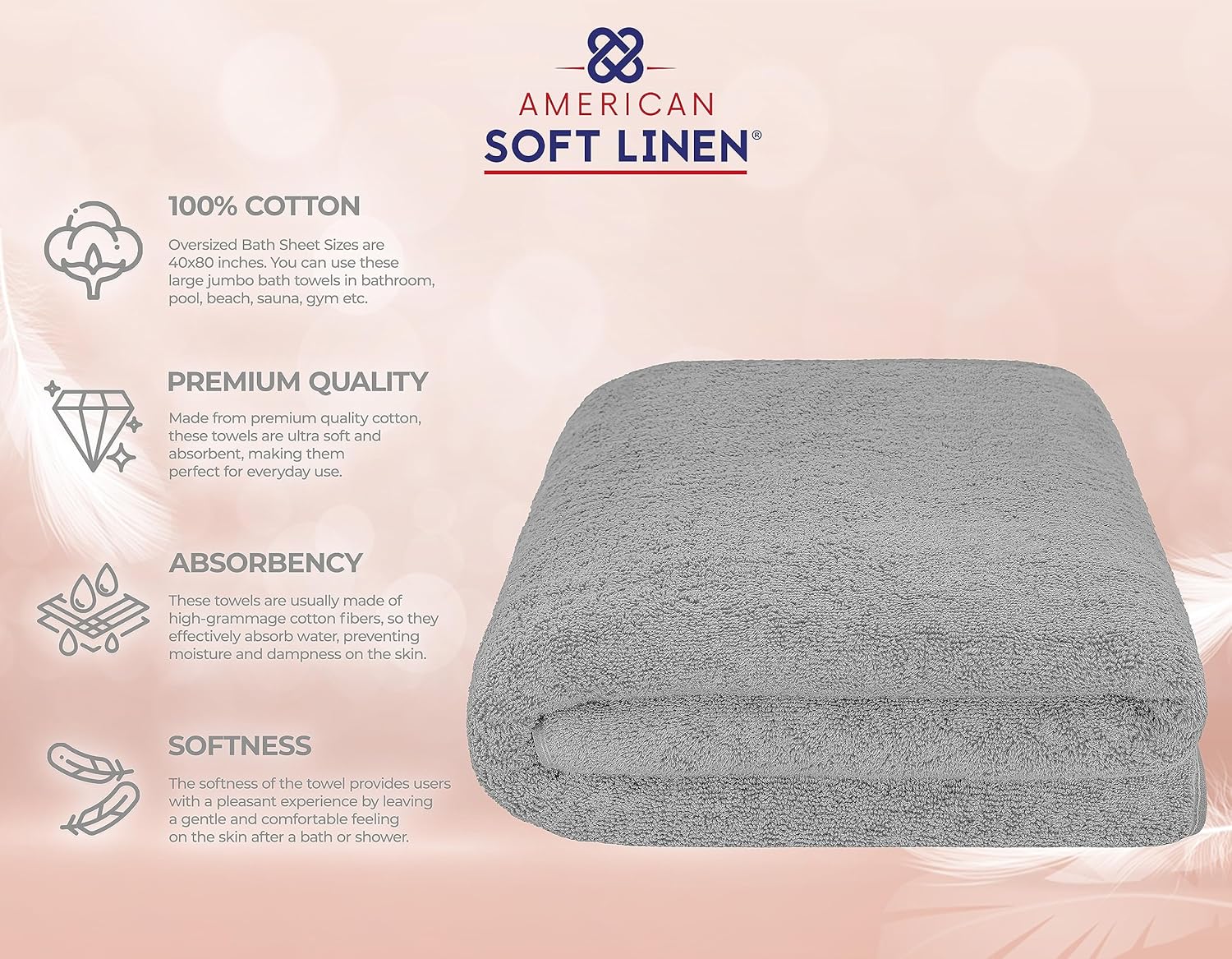 American Soft Linen Luxury 6 Piece Towel Set, 2 Bath Towels 2 Hand Towels 2 Washcloths, 100% Cotton Turkish Towels for Bathroom, Light Grey Towel Sets