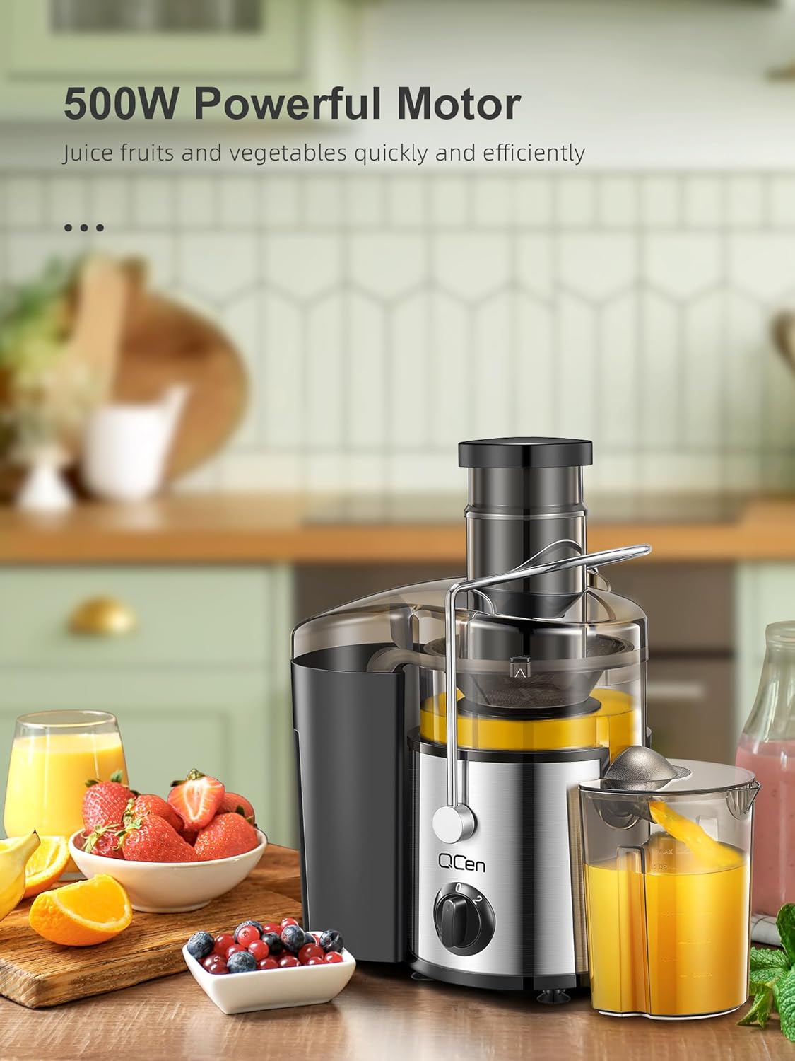 Qcen Juicer Machine, 800W Centrifugal Juicer Extractor with Wide Mouth 3” Feed Chute for Fruit Vegetable, Easy to Clean, Stainless Steel, BPA-free (Black)
