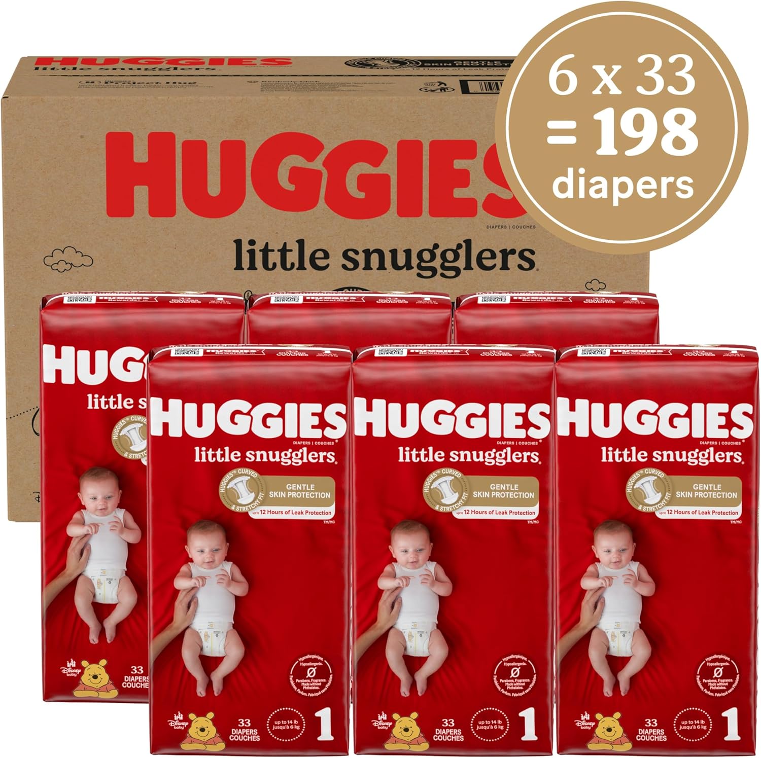 Huggies Size 1 Diapers, Little Snugglers Diapers, Size 1 (8-14 lbs), 198 Ct (6 packs of 33)