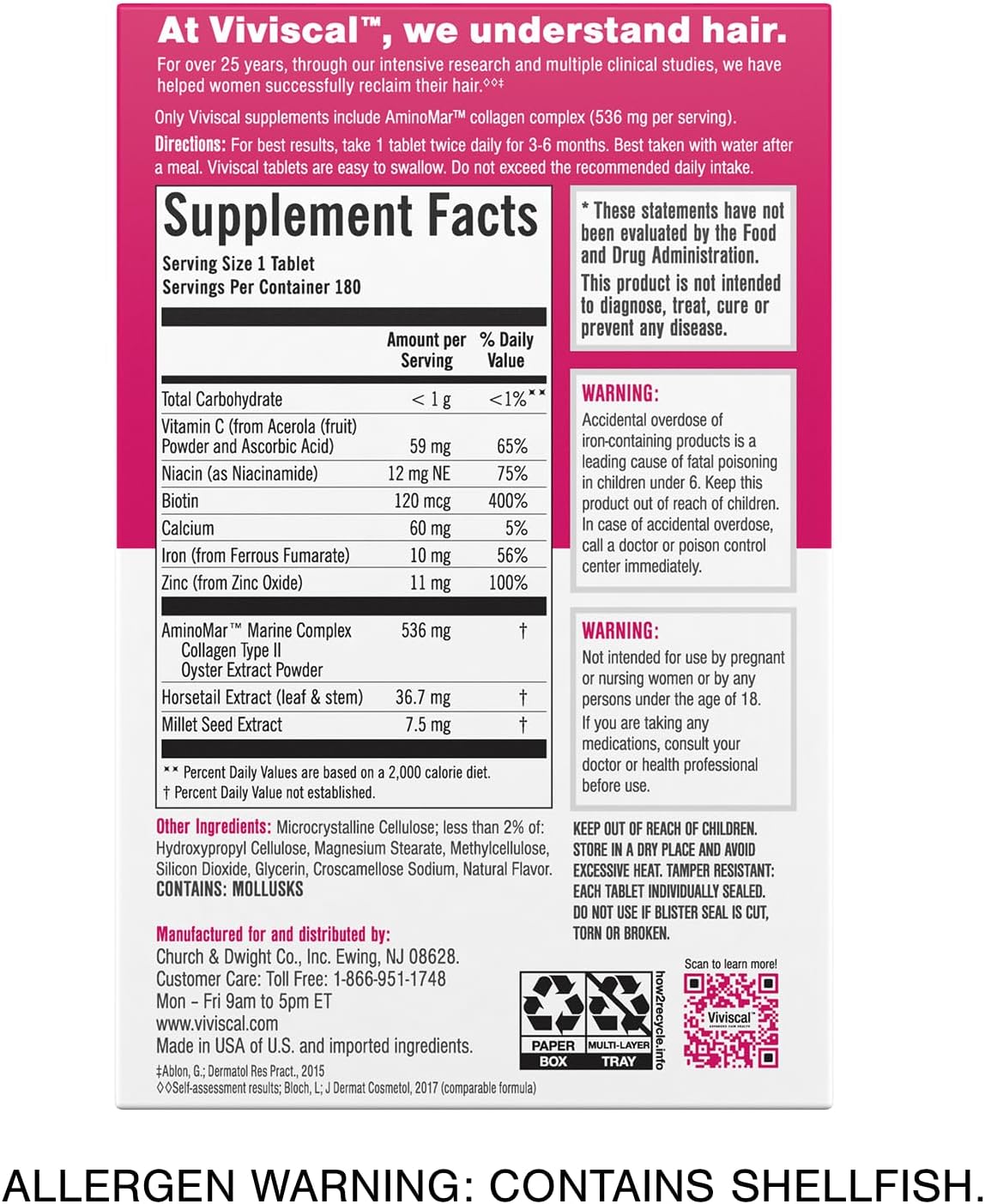 Viviscal Hair Growth Supplements for Women to Grow Thicker, Fuller Hair, Clinically Proven with Proprietary Collagen Complex, 60 Count (Pack of 1), 1 Month Supply