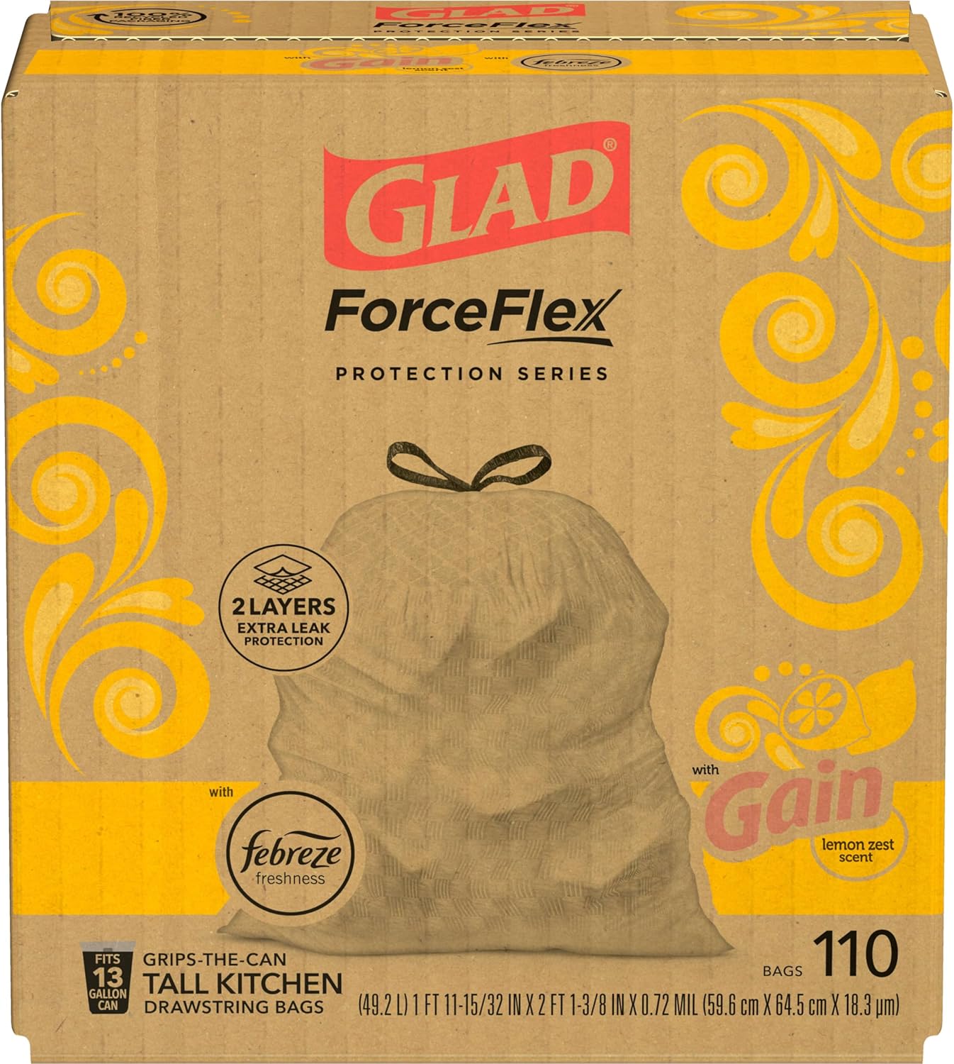 Glad Tall Kitchen Drawstring Trash Bags - Odorshield 13 Gallon White Trash Bag, Febreze Fresh Clean, 110 Count