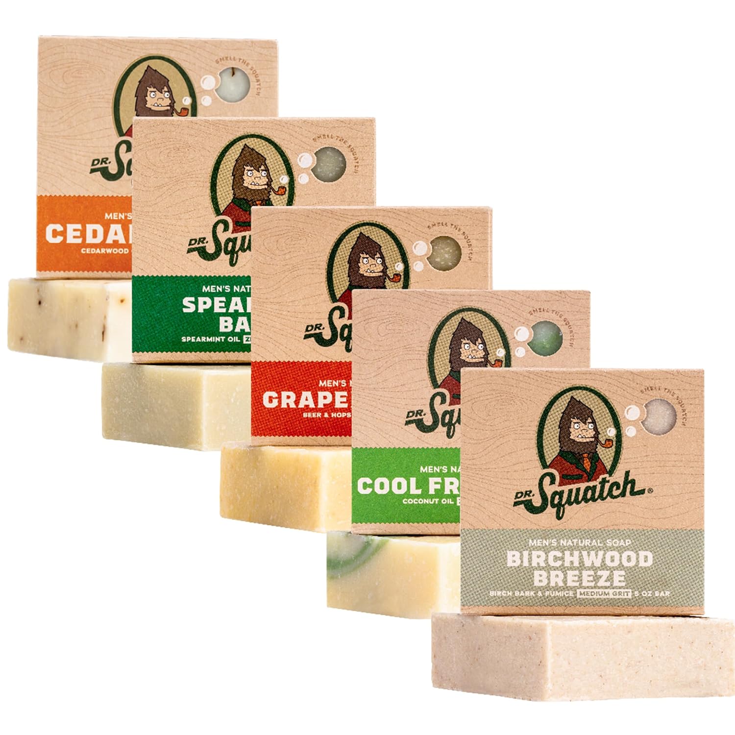 Dr. Squatch All Natural Bar Soap for Men, 5 Bar Variety Pack - Men's Natural Bar Soap - Rainforest Rapids, Coconut Castaway, Fresh Falls, Summer Citrus, and Eucalyptus Greek Yogurt - Soap Gift