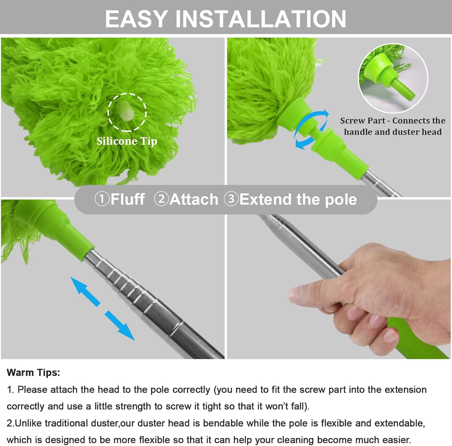 DELUX Microfiber Feather Duster Extendable Duster with 100 inches Extra Long Pole, Bendable Head & Long Handle Dusters for Cleaning Ceiling Fan, High Ceiling, Blinds, Furniture & Cars Gray