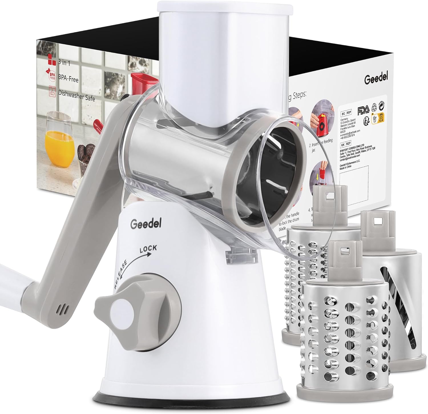 Geedel Rotary Cheese Grater, Kitchen Mandoline Vegetable Slicer with 3 Interchangeable Blades, Easy to Clean Grater for Fruit, Vegetables, Nuts