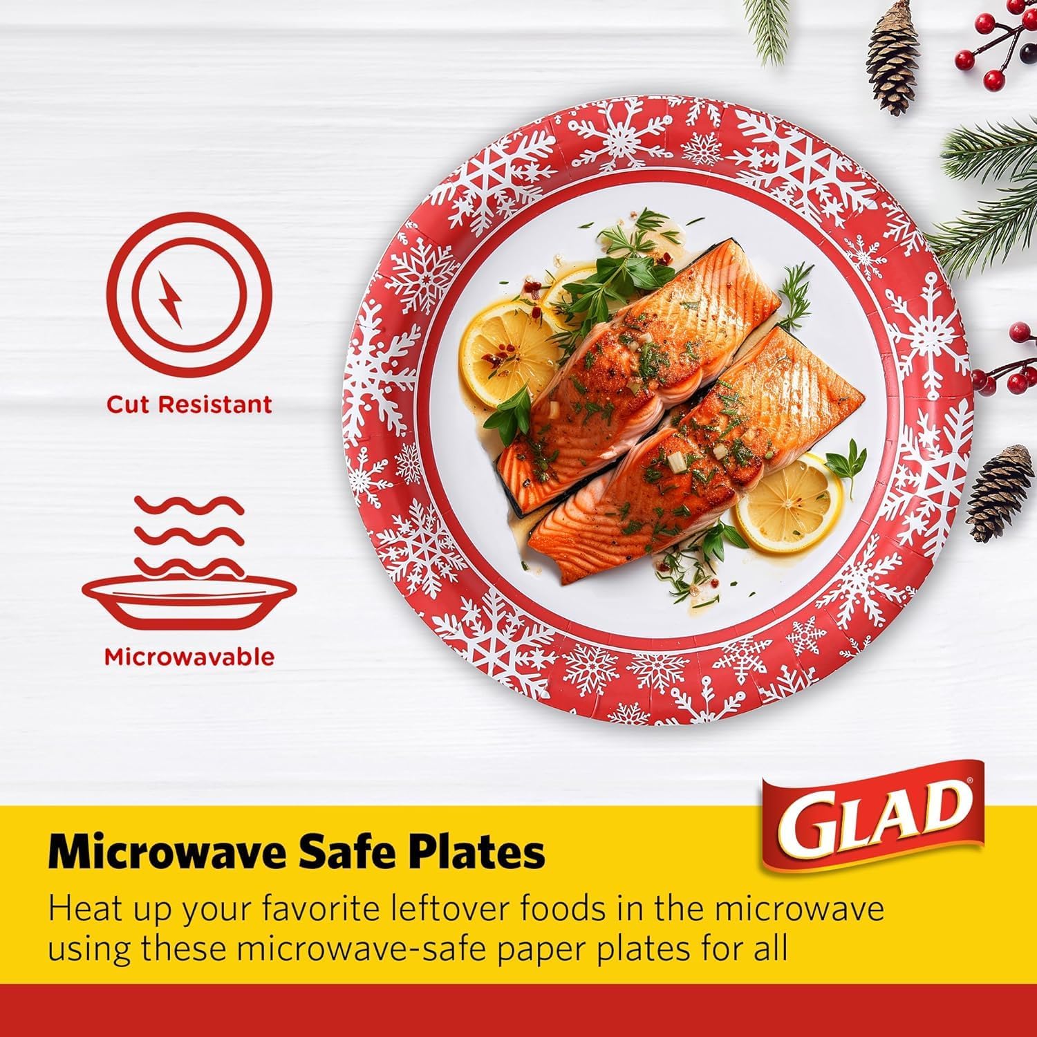 Glad Disposable Holiday Paper Plates, 10 Inch, 20 Count - Red Snowflake Design, Heavy Duty and Microwavable