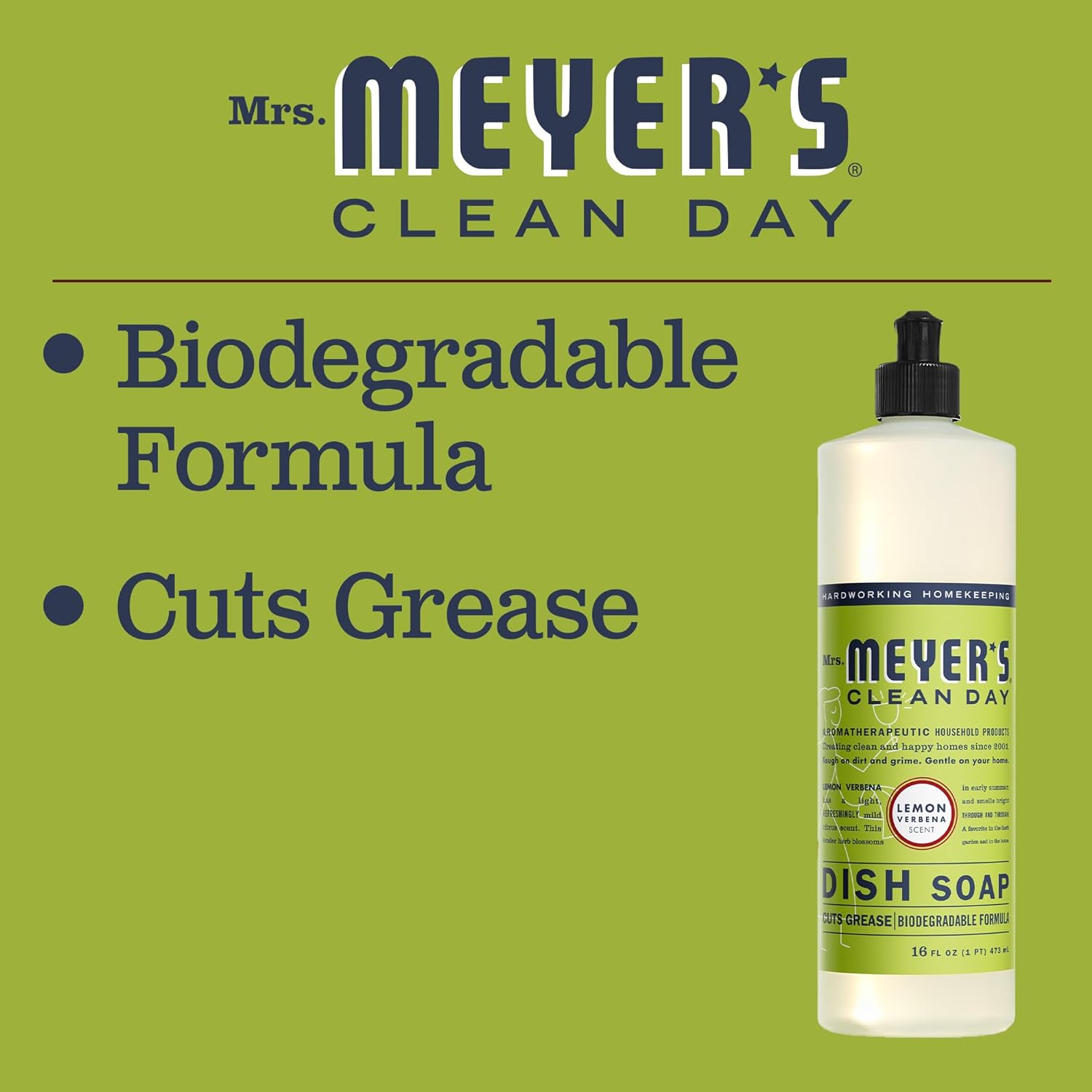MRS. MEYER'S CLEAN DAY Liquid Dish Soap, Biodegradable Formula, Basil, 16 fl. oz - Pack of 3