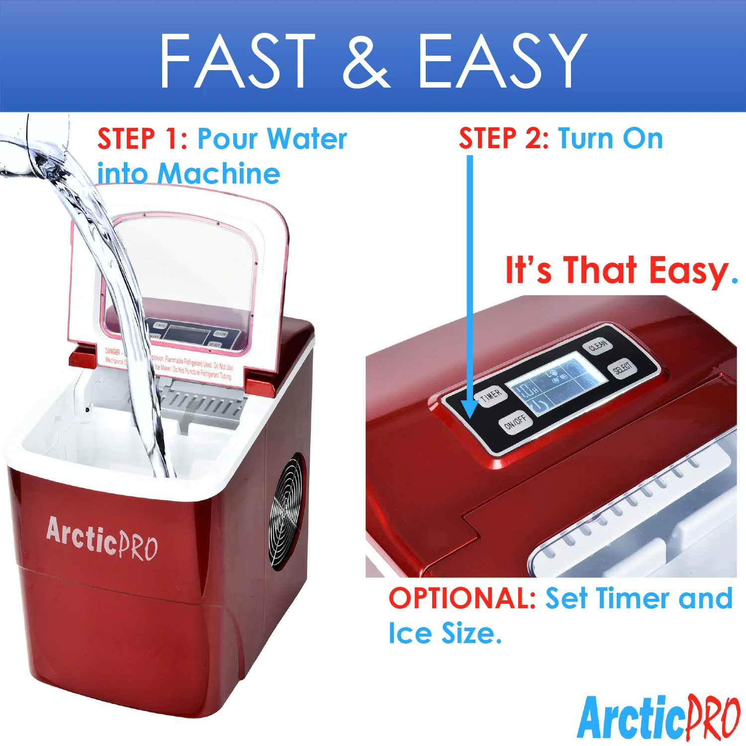 Arctic-Pro Portable Digital Quick Ice Maker Machine, Red, Makes 2 Ice Sizes