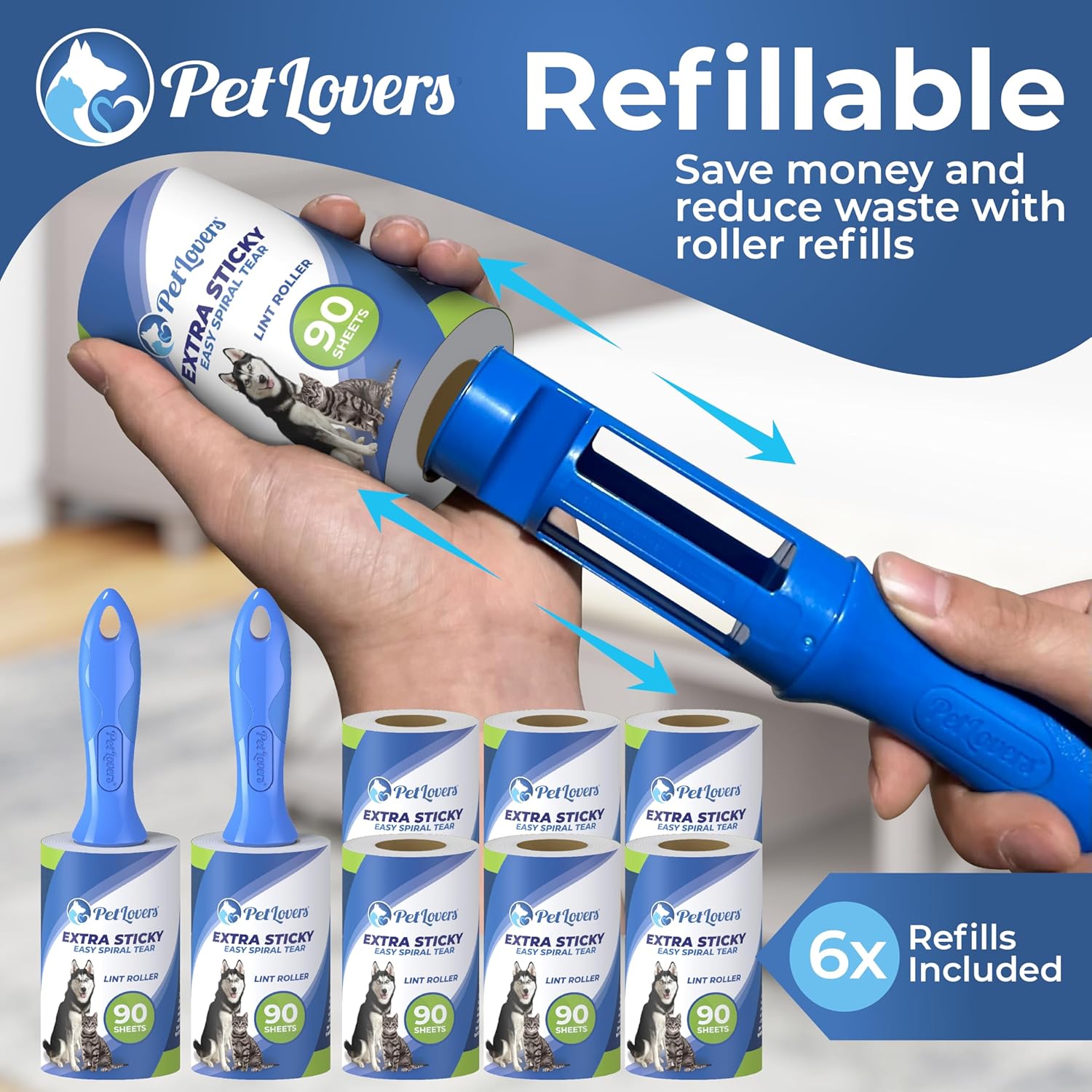 PetLovers Extra Sticky Lint Roller Mega Value Set 450 Sheets for Pet Hair Removal, Dog and Cat Lint Remover 5 Pack