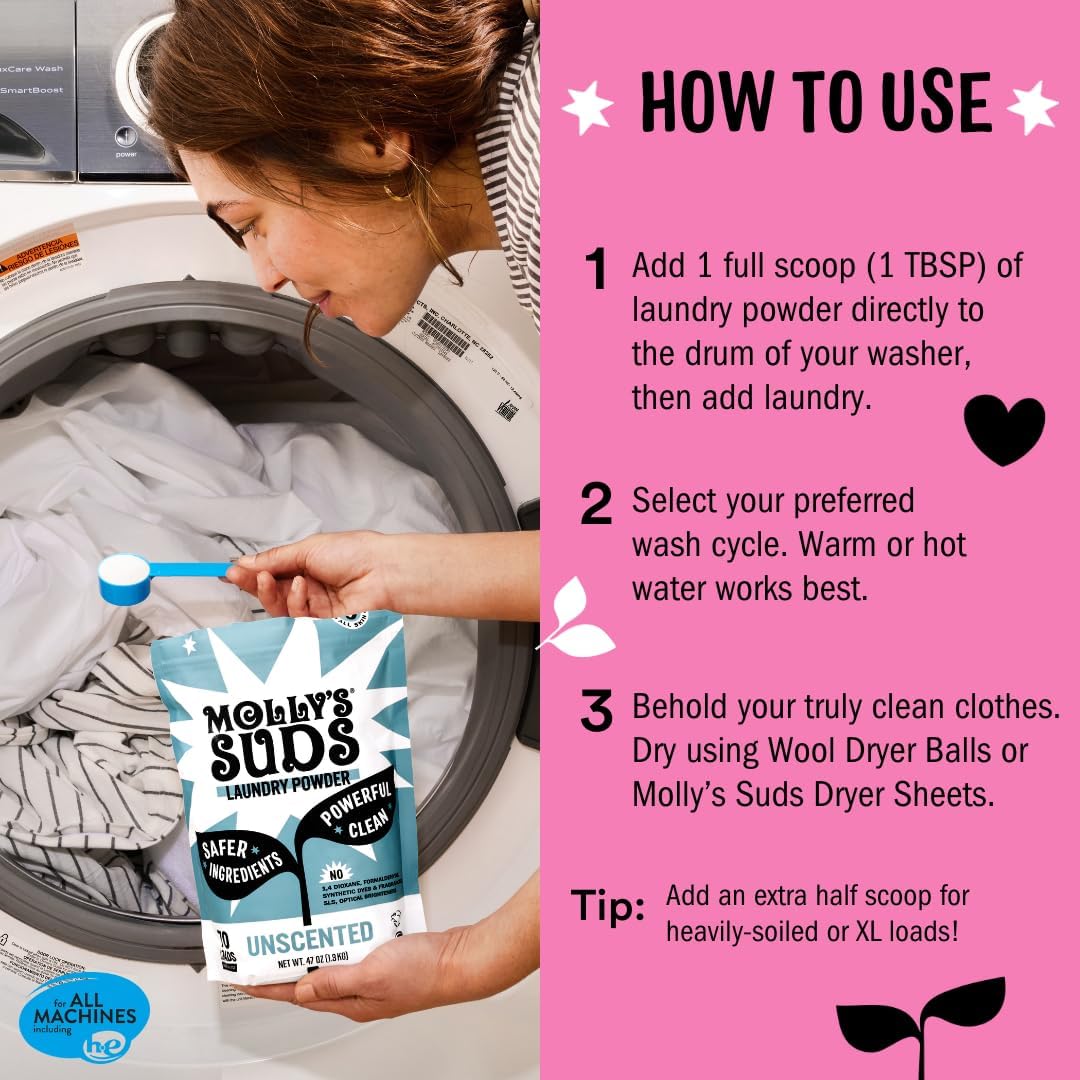 Molly's Suds Original Laundry Detergent Powder | Natural Laundry Detergent Powder for Sensitive Skin | Earth-Derived Ingredients, Stain Fighting | 120 Loads (Unscented)