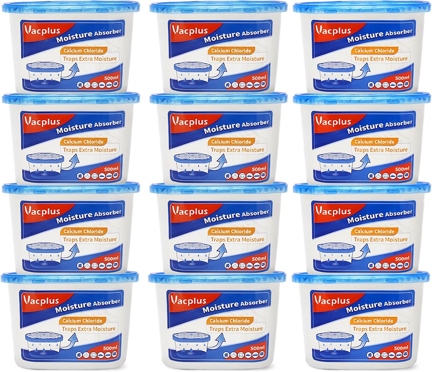 Vacplus Moisture Absorbers 12 Pack, 10.5 Oz, Humidity Absorber Boxes Attracts Extra Moisture from Your Bathroom, Closet, Kitchen, Dehumidifier, Odor Eliminator for Closet (Fragrance Free), Blue