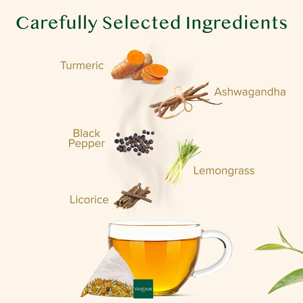 VAHDAM, Organic Turmeric Ginger Herbal Tea Bags (100 Pyramid Tea Bags) Caffeine Free, Non GMO, Gluten Free | 100% Pure Herbal Blend - Savory & Spicy | Plant-Based Tea Bags | Resealable Ziplock Pouch