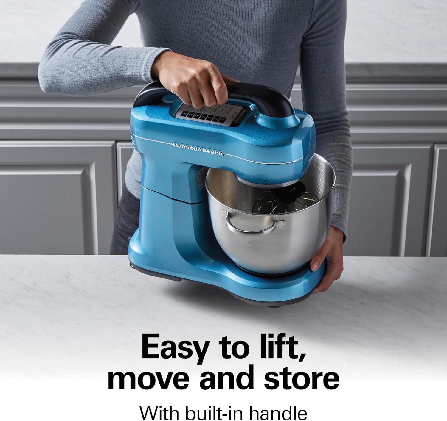 Hamilton Beach Electric Stand Mixer, 4 Quarts, Dough Hook, Flat Beater Attachments, Splash Guard 7 Speeds with Whisk, Black with Top Handle