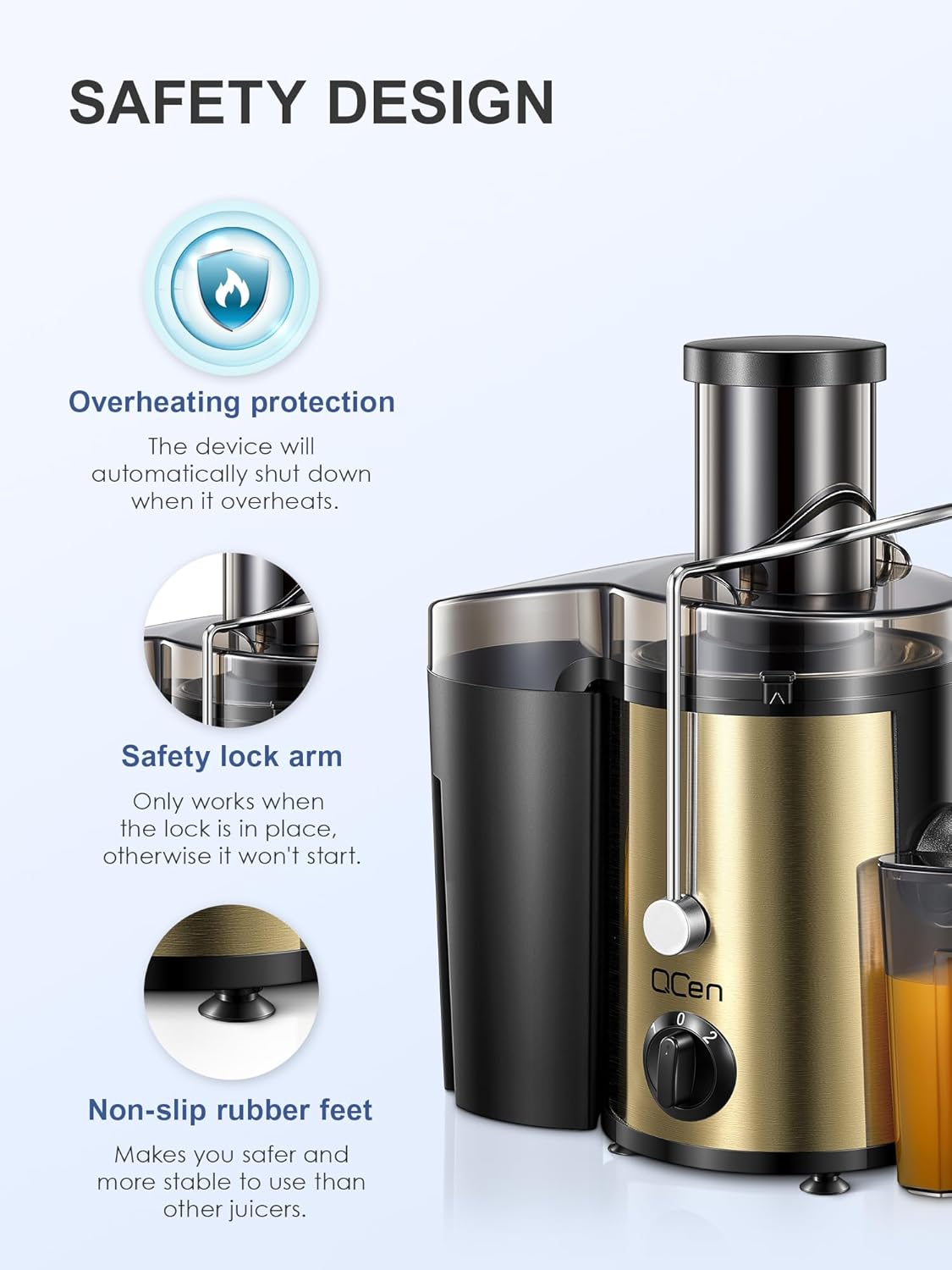 Qcen Juicer Machine, 800W Centrifugal Juicer Extractor with Wide Mouth 3” Feed Chute for Fruit Vegetable, Easy to Clean, Stainless Steel, BPA-free (Black)