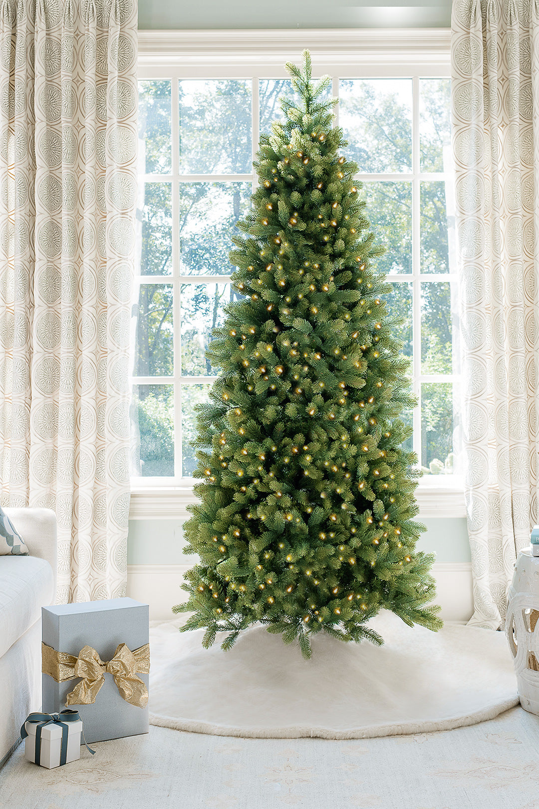 7.5' Royal Fir Slim Quick-Shape Artificial Christmas Tree with 650 Warm White & Multi-Color LED Lights