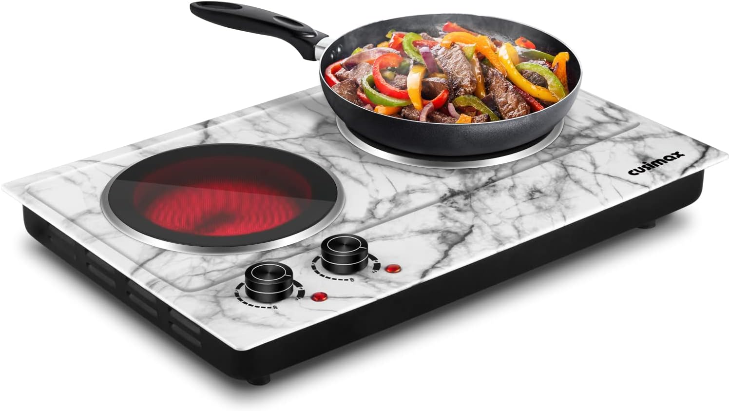 CUSIMAX 1800W Ceramic Electric Hot Plate for Cooking, Dual Control Infrared Cooktop, Double Burner, Portable Countertop Burner, Glass Plate Electric Cooktop, Silver, Stainless Steel-Upgraded Version