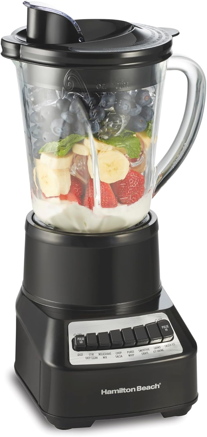 Hamilton Beach Wave Crusher Blender For Shakes and Smoothies With 40 Oz Glass Jar and 14 Functions, Ice Sabre Blades & 700 Watts for Consistently Smooth Results, Black + Stainless Steel (54221)