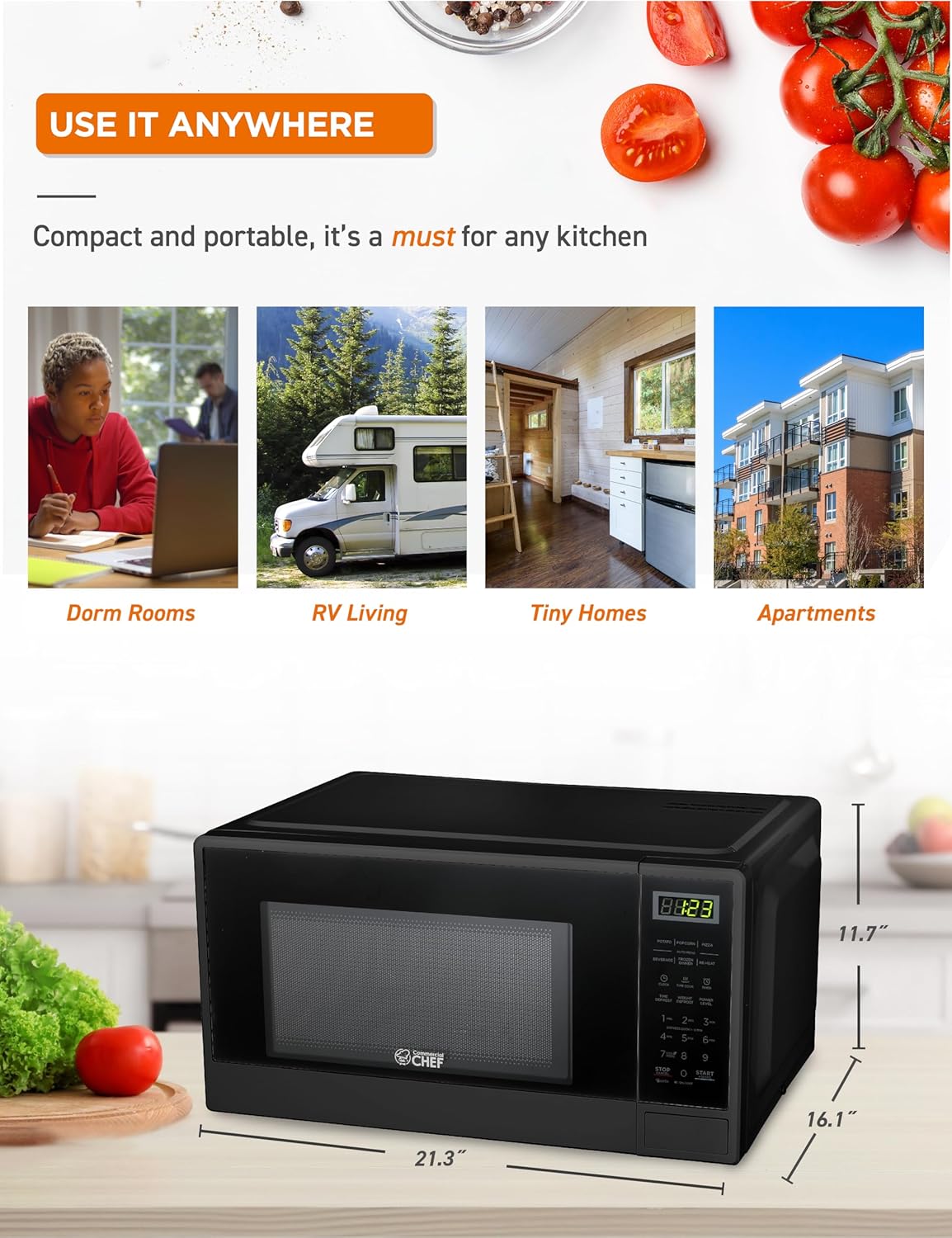 COMMERCIAL CHEF 0.6 Cubic Foot Microwave with 6 Power Levels, Small Microwave with Grip Handle, 700W Countertop Microwave with 30 Minute Timer and Mechanical Dial Controls, White
